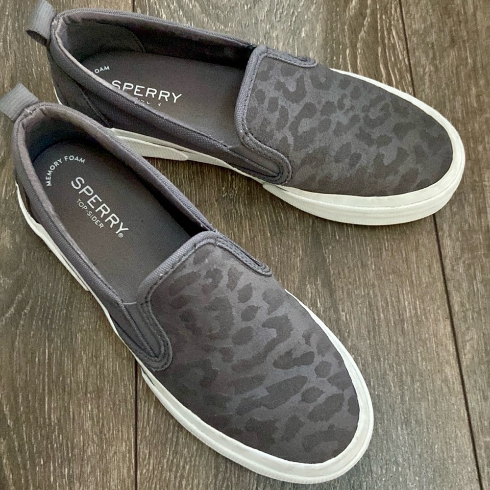Sperry Women's Gray Leopard-Print Slip-On Sneakers with White Soles
